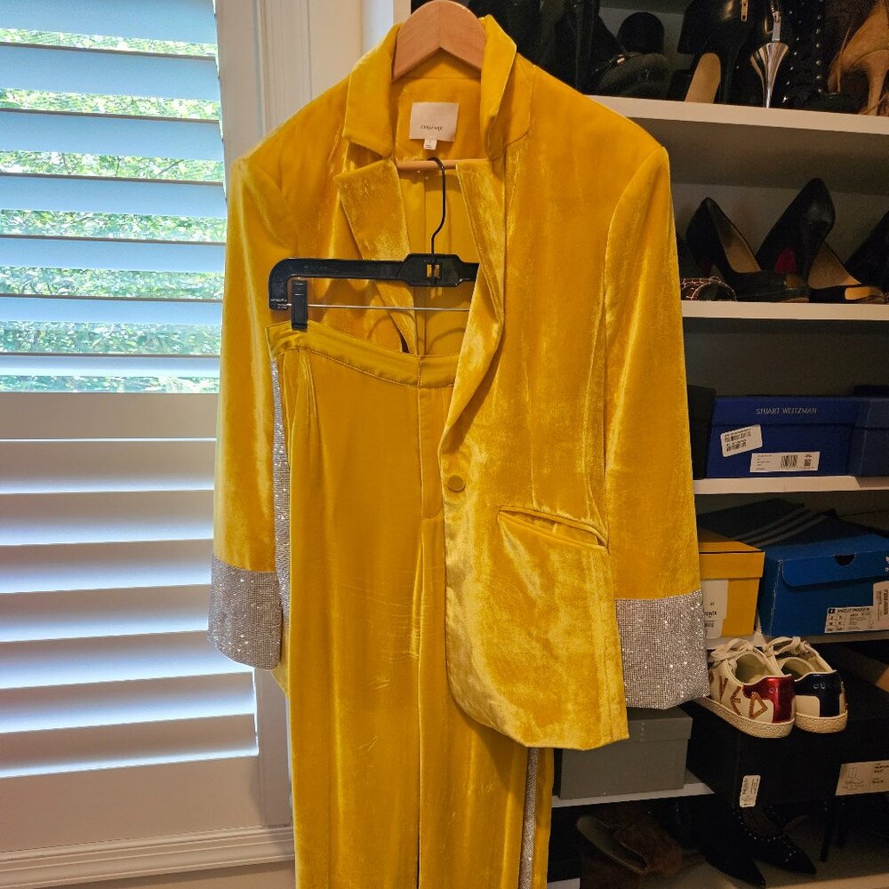 Cinq a Sept Gold and Rhinestone Velvet Tuxedo style suit